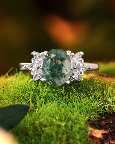 OLEA Oval Cut Moss Agate Cluster Leafy Engagement Ring