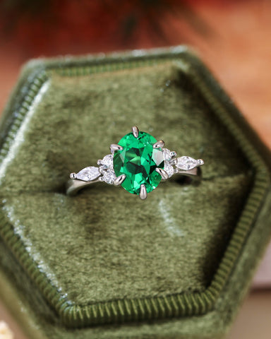JORA Side Stone Cluster Oval Cut Emerald Engagement Ring