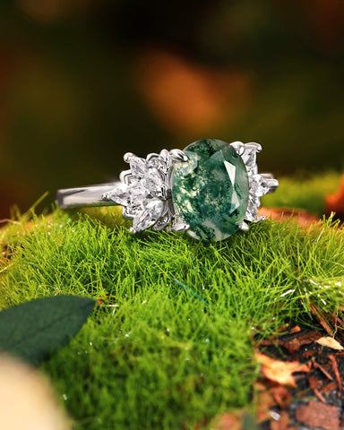 OLEA Oval Cut Moss Agate Cluster Leafy Engagement Ring