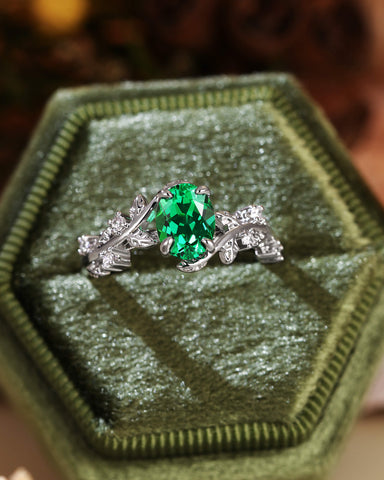FABIOLA Nature Inspired Oval Cut Emerald Leafy Engagement Ring