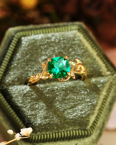 TIVONA Nature Inspired Cushion Cut Emerald Leafy Twist Engagement Ring