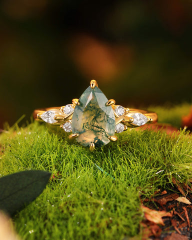 YUNA Unique Three Stone Pear Cut Moss Agate Twist Engagement Ring