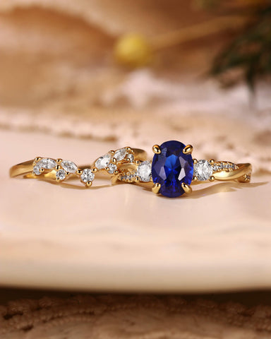 CYNTHIA Twisted Oval Cut Sapphire Cluster Bridal Set 2pcs