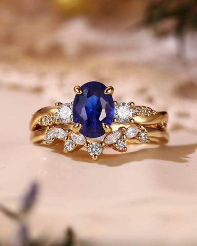 CYNTHIA Twisted Oval Cut Sapphire Cluster Bridal Set 2pcs