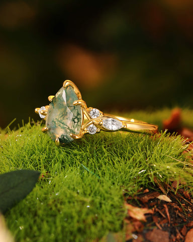 YUNA Unique Three Stone Pear Cut Moss Agate Twist Engagement Ring