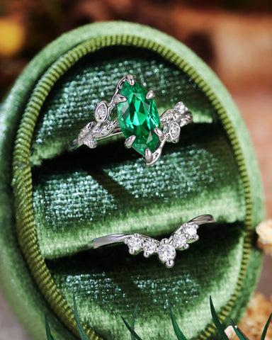 FLORENTINA Nature Inspired Marquise Cut Emerald Cluster Bridal Set 2pcs