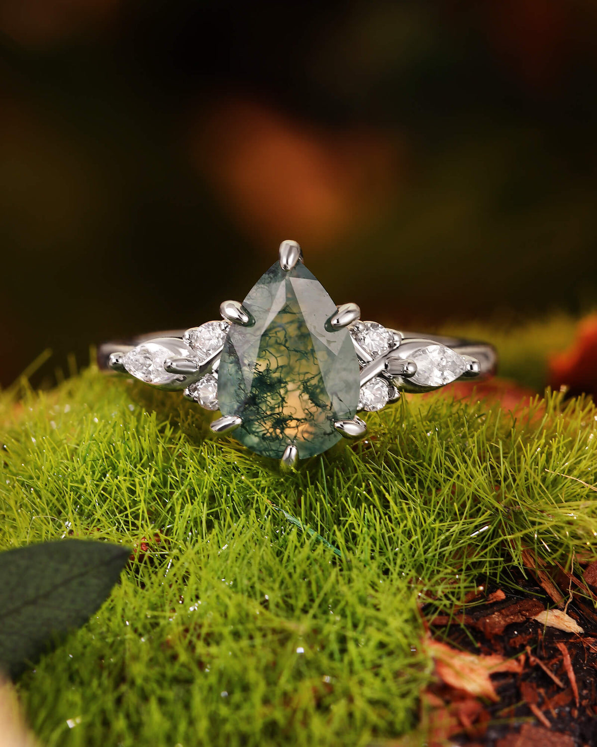 YUNA Unique Three Stone Pear Cut Moss Agate Twist Engagement Ring