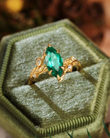 FLORENTINA Marquise Cut Emerald Leafy Floral Designs Engagement Ring