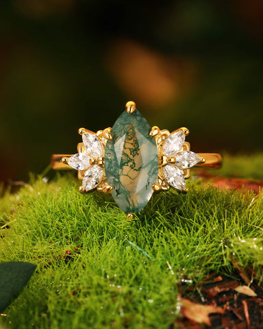 MONIQUE Forest Fairy Marquise Cut Moss Agate Cluster Engagement Ring