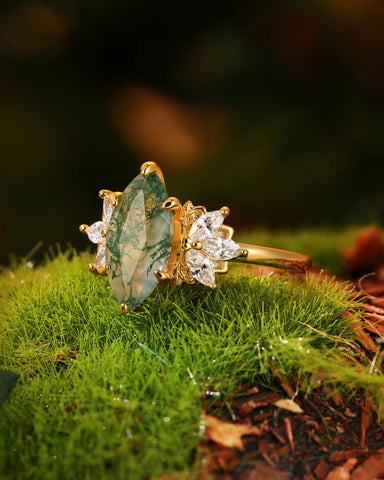 MONIQUE Forest Fairy Marquise Cut Moss Agate Cluster Engagement Ring