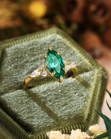 TWILA Vintage Marquise Cut Green Emerald Twist Cluster Engagement Ring
