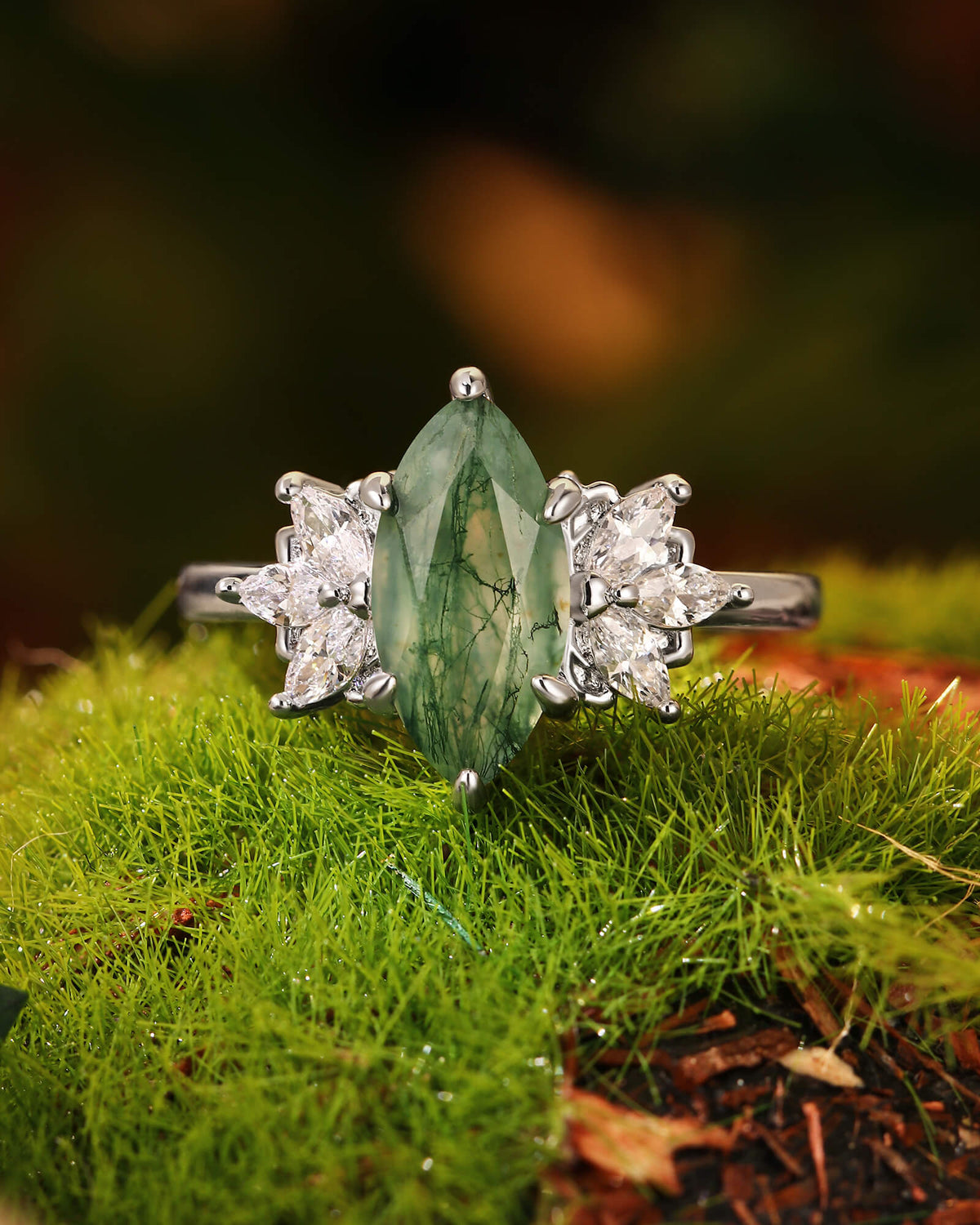MONIQUE Forest Fairy Marquise Cut Moss Agate Cluster Engagement Ring