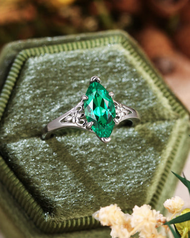 WYNN Vintage Floral Design Marquise Emerald Engagement Ring