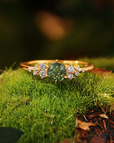 PINE Round Cut Cluster Moss Agate Engagement Ring