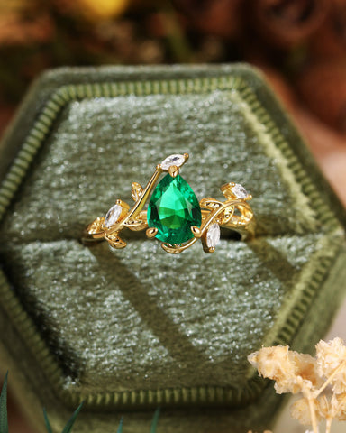DALE Leafy Pear Cut Emerald Nature Inspired Engagement Ring
