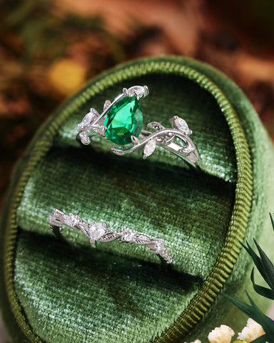 DALE Nature Inspired Pear Cut Emerald Leafy Engagement Ring Set 2pcs