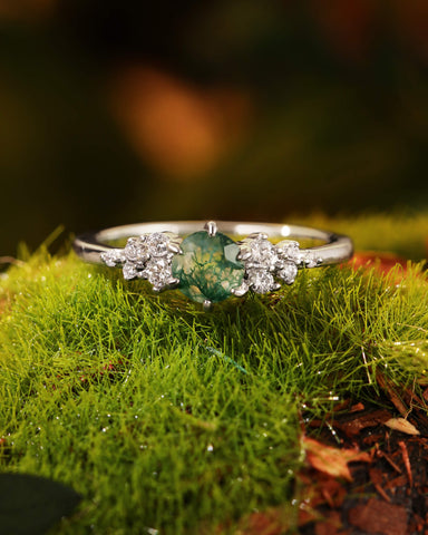 PINE Round Cut Cluster Moss Agate Engagement Ring