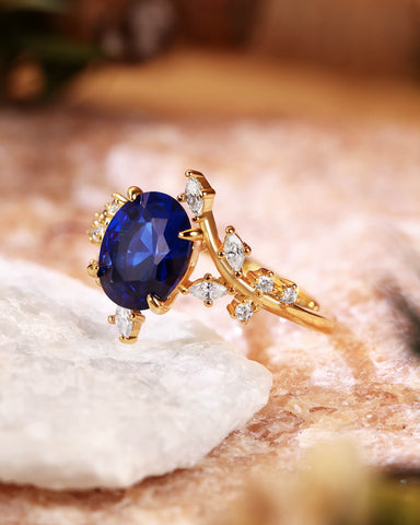 BRIGID Nature Inspired Oval Cut Sapphire Bypass Leafy Engagement Ring