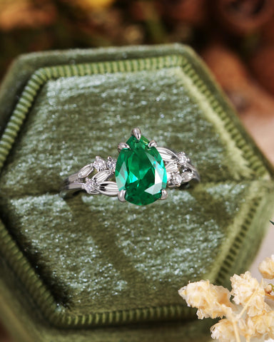 WINOLA Nature Inspired Pear Cut Emerald Leaf Engagement Ring