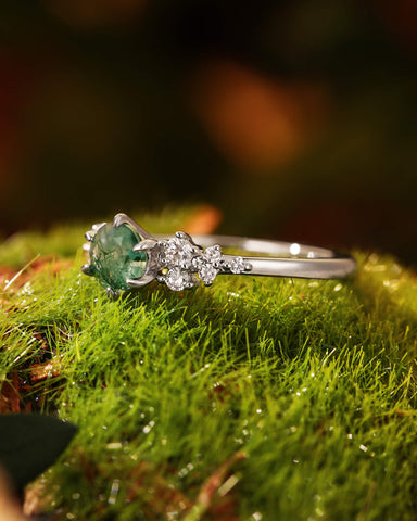 PINE Round Cut Cluster Moss Agate Engagement Ring