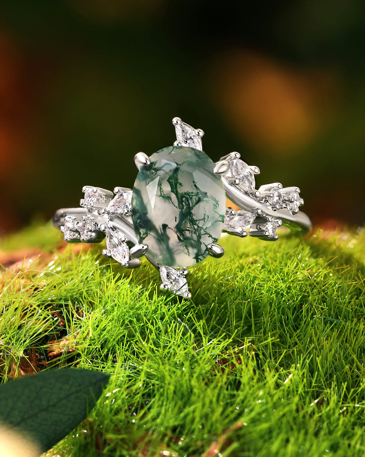 ODESSA Natural Oval Moss Agate Bypass Leaf Engagement Ring
