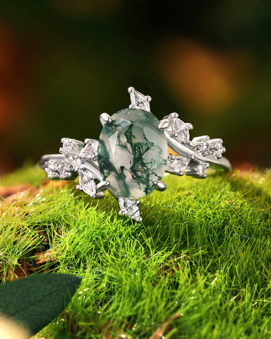 ODESSA Natural Oval Moss Agate Bypass Leaf Engagement Ring