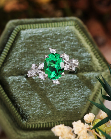 SWAN Nature Inspired Oval Cut Emerald Branch Leafy Engagement Ring