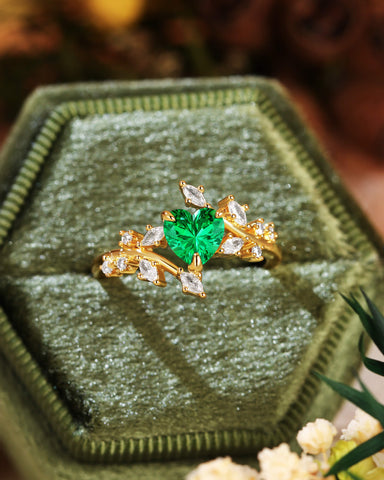 RAMONA Nature Inspired Heart Cut Emerald Branch Leafy Engagement Ring