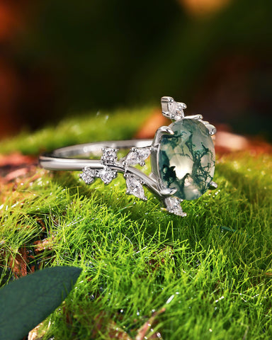 ODESSA Natural Oval Moss Agate Bypass Leaf Engagement Ring