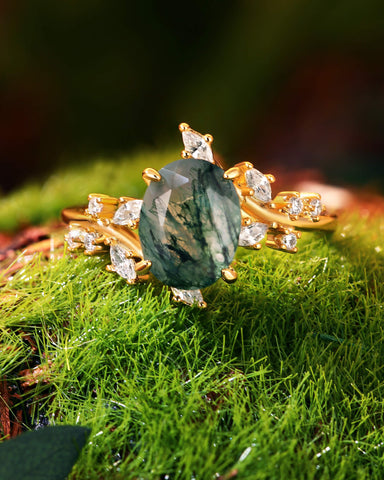 ODESSA Natural Oval Moss Agate Bypass Leaf Engagement Ring