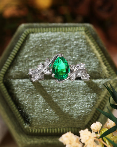 IVARA Nature Inspired Pear Cut Emerald Leafy Engagement Ring