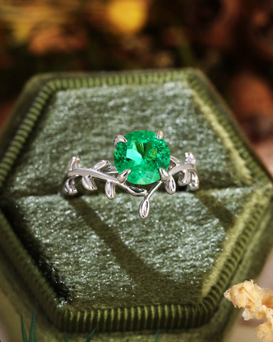 LORELEI Nature Inspired Round Shaped Emerald Leafy Engagement Ring