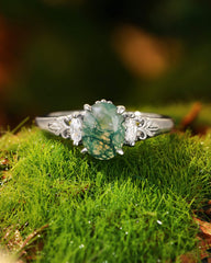 VERENA Moss Agate Oval Cut Art Deco Style Engagement Ring