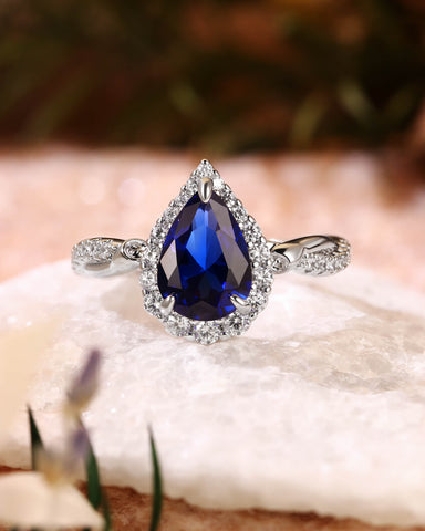 BLUEBELL Floral Inspired Pear Cut Blue Sapphire Halo Engagement Ring