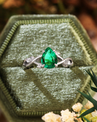 MABEL Nature Inspired Pear Cut Emerald Leaf Twist Engagement Ring