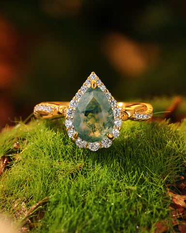 ANTHEA Halo Pear Cut Moss Agate Nature Inspired Engagement Ring