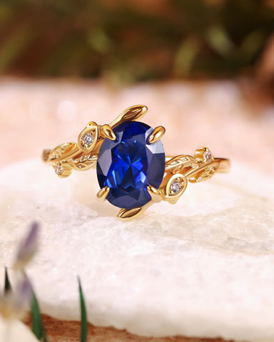FLORENCE Oval Cut Blue Sapphire Flower & Leafy Engagement Ring