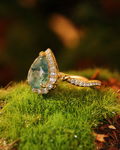 ANTHEA Halo Pear Cut Moss Agate Nature Inspired Engagement Ring