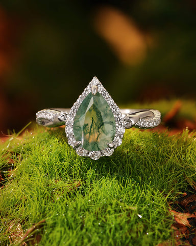 ANTHEA Halo Pear Cut Moss Agate Nature Inspired Engagement Ring