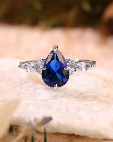 LORRAINE Vintage Pear Cut Sapphire Cluster Engagement Ring