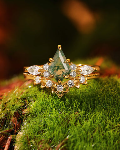 KLARA Unique Moss Agate Kite Cut Vintage nature inspired Ring Set 2pcs