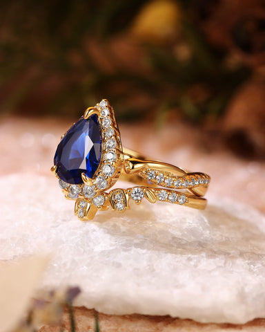 BLUEBELL Floral Inspired Pear Cut Blue Sapphire Engagement Ring Set