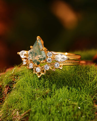 KLARA Unique Moss Agate Kite Cut Vintage nature inspired Ring Set 2pcs