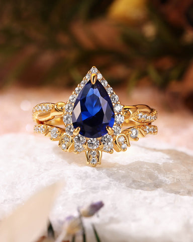 BLUEBELL Floral Inspired Pear Cut Blue Sapphire Engagement Ring Set