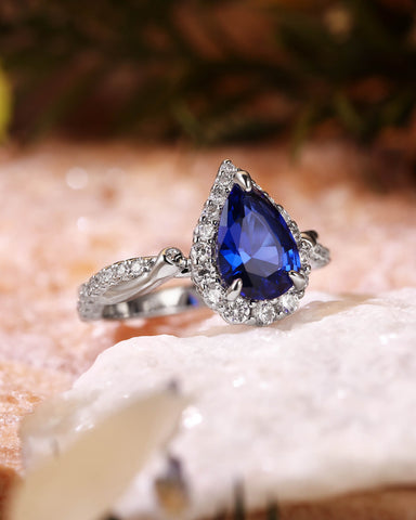 BLUEBELL Floral Inspired Pear Cut Blue Sapphire Halo Engagement Ring