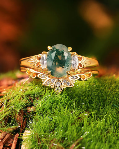 LOUISA Oval Shaped Moss Agate lotus Flower Engagement Ring Set