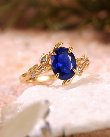 FLORENCE Oval Cut Blue Sapphire Flower & Leafy Engagement Ring