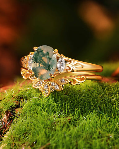 LOUISA Oval Shaped Moss Agate lotus Flower Engagement Ring Set