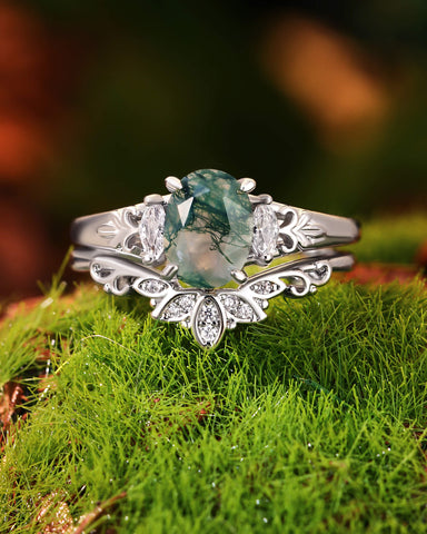 LOUISA Oval Shaped Moss Agate lotus Flower Engagement Ring Set