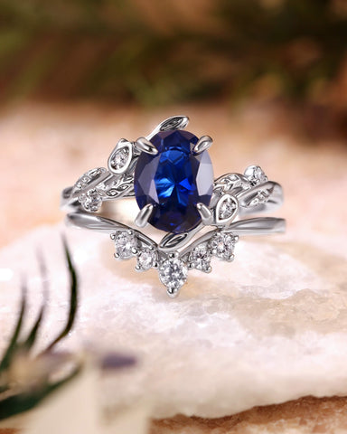 FLORENCE Oval Cut Blue Sapphire Flower Leafy Engagement Ring Set 2pcs